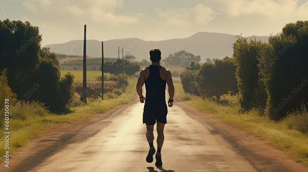Young and fit man in sports outfit jogging in an empty road with beautiful view.