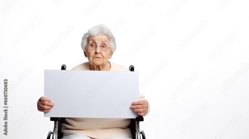 Portrait of senior woman in wheelchair holding blank messageboard, feeling sad and looking at camera isolated over white background. Portrait of senior woman in wheelchair holding blank messageboard, feeling sad and looking at camera isolated over white background.