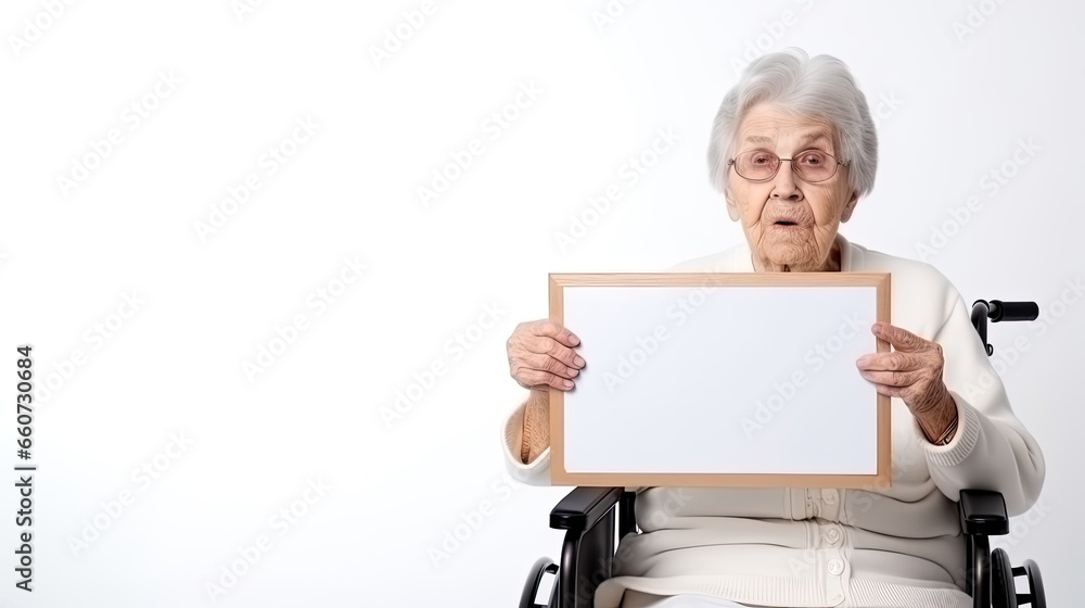 Portrait of senior woman in wheelchair holding blank messageboard, feeling sad and looking at camera isolated over white background. Portrait of senior woman in wheelchair holding blank messageboard, feeling sad and looking at camera isolated over white background.