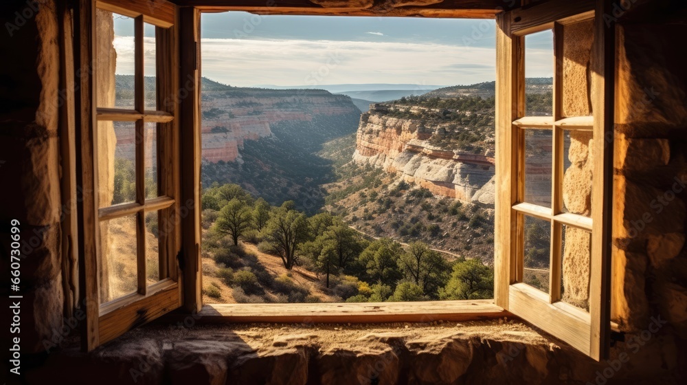 The view from the open window overlooks the cliff with the valley below - obrazy, fototapety, plakaty 