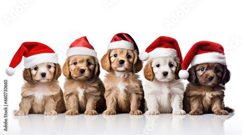 Image of group of puppies pet celebrating christmas wearing santa hat. © Kartika
