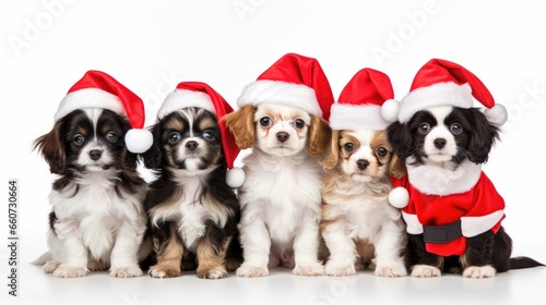 Image of group of puppies pet celebrating christmas wearing santa hat.