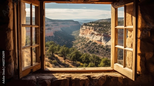 The view from the open window overlooks the cliff with the valley below