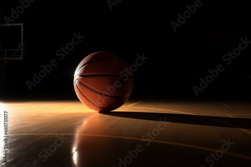 Basketball rests on court in spotlight. Generative AI © Raul