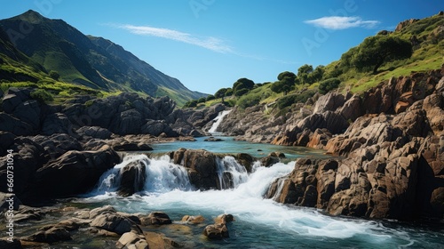 The waterfall flows from the top of steep mountain rocks against a clear sky in the background