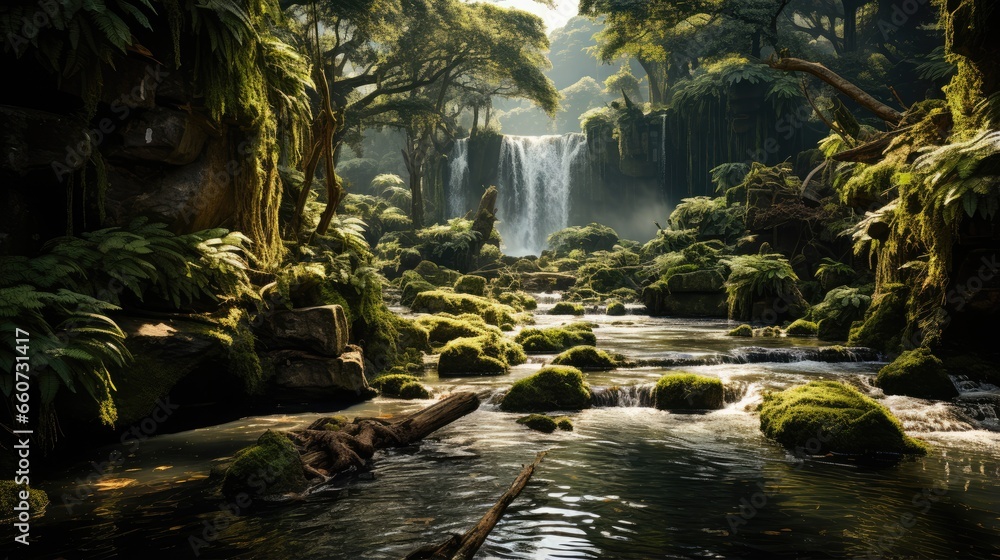 The waterfall in the middle is beautiful and surrounded by naturally cool trees The waterfall in the middle is beautiful and surrounded by naturally cool trees