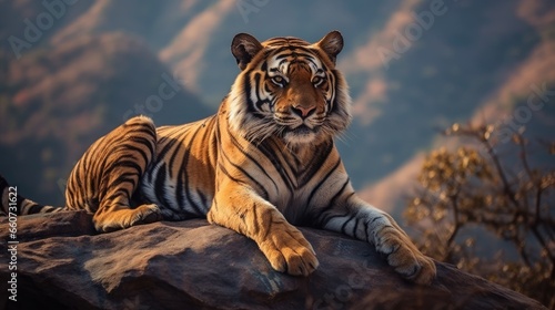 Tiger pose while sitting on rocks on top of a mountain