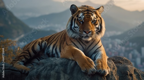 Tiger pose while sitting on rocks on top of a mountain
