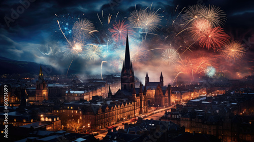 New Year's Eve fireworks over a city at night © jr-art