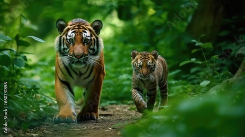 Tiger with cub walking in green nature