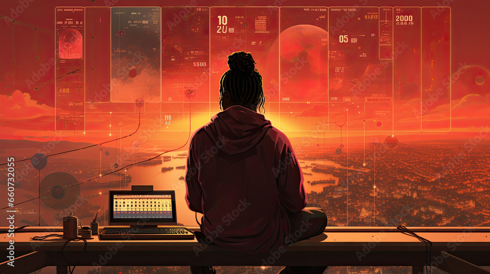 Creative illustration of a person sitting on a bench and looking around at a city. Digital nomad concept Creative illustration of a person sitting on a bench and looking around at a city. Digital nomad concept