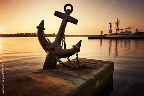 Image of large iron anchor at dock with soft lighting. Generative AI