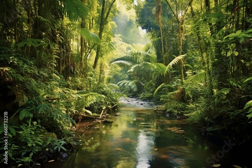 Tropical rainforest with lush trees and rivers in summer. Generative AI