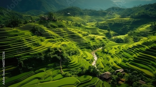 Top view of fresh green rice fields. terraced terraces © MBRAMO