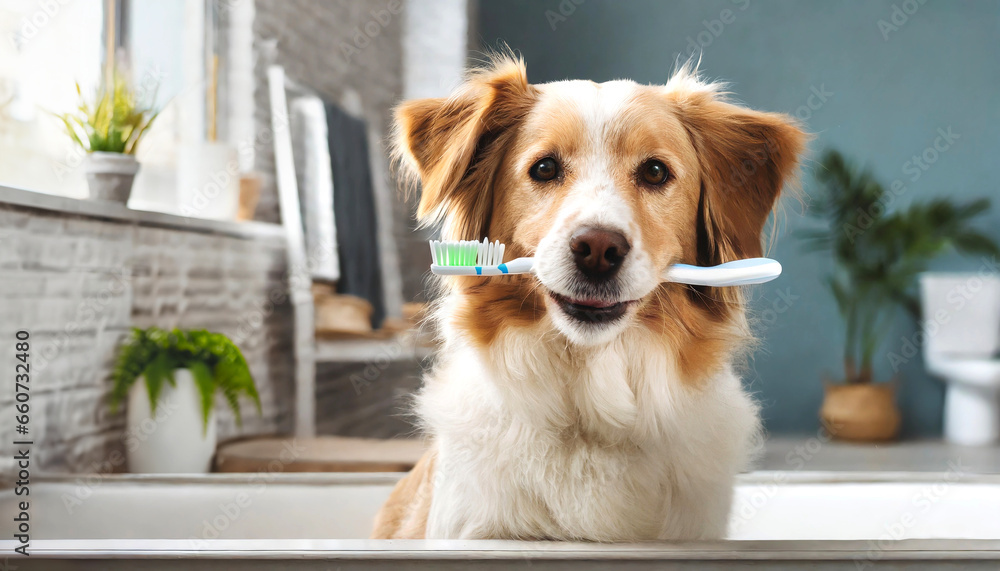 Obraz na płótnie Cute dog sitting in a bathroom holding toothbrush in mouth w salonie