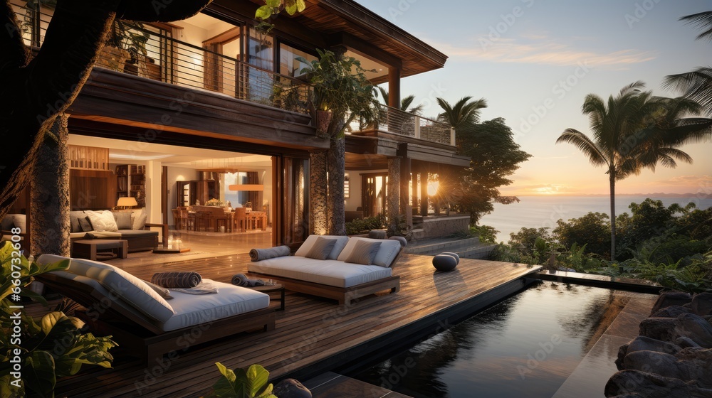 Fototapeta premium Tropical villa view with garden and open living room at sunset