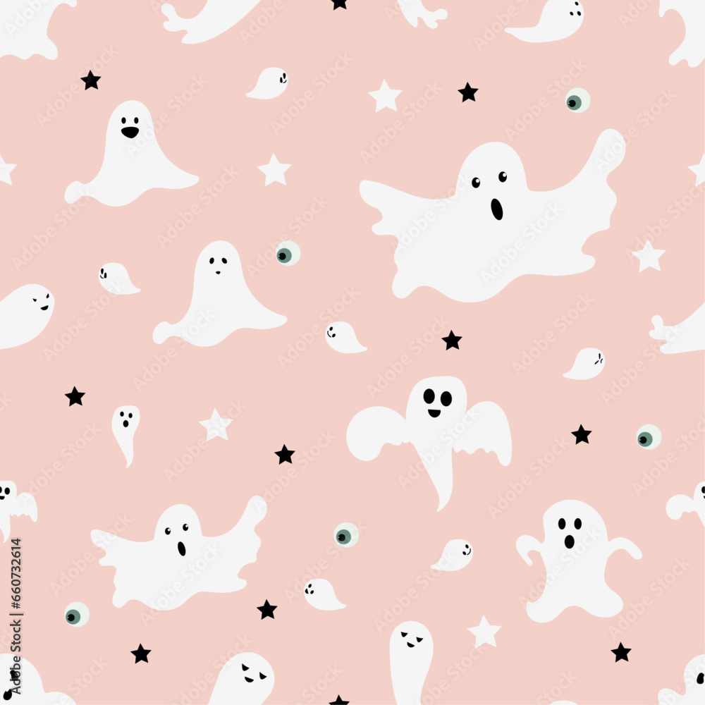 Seamless Halloween pattern with ghosts Spooky repeat wallpaper Funny halloween monsters on pink background Halloween party  Gift wrapping paper fabric design Vector illustration