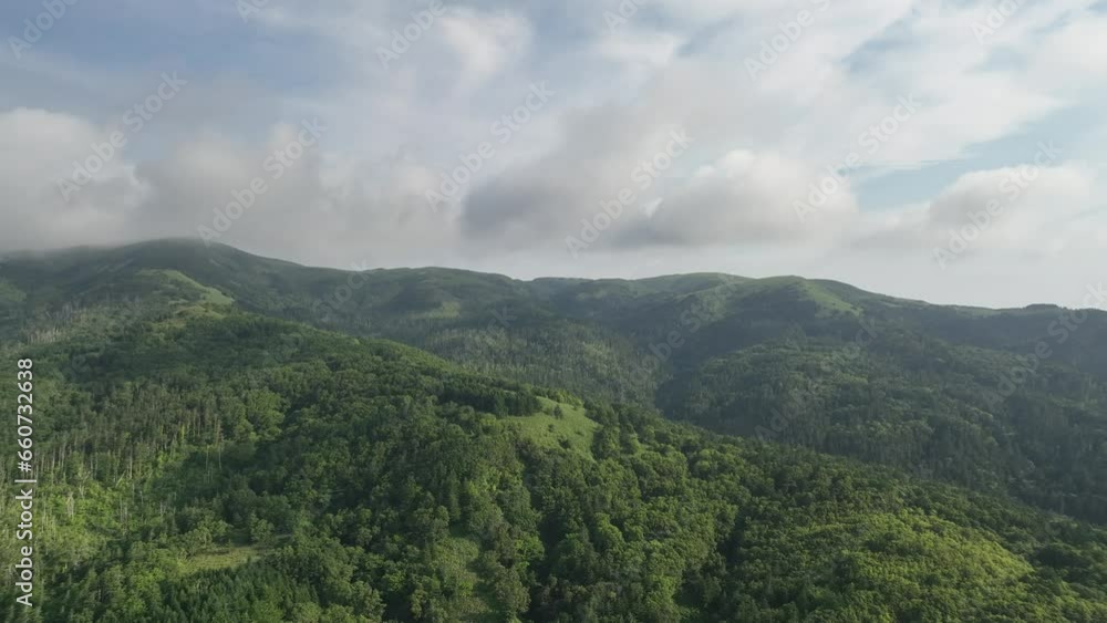 Aerial view of low clouds and morning light over hilly forested landscape Aerial view of low clouds and morning light over hilly forested landscape