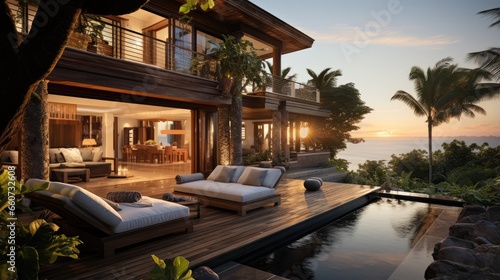 Tropical villa view with garden and open living room at sunset