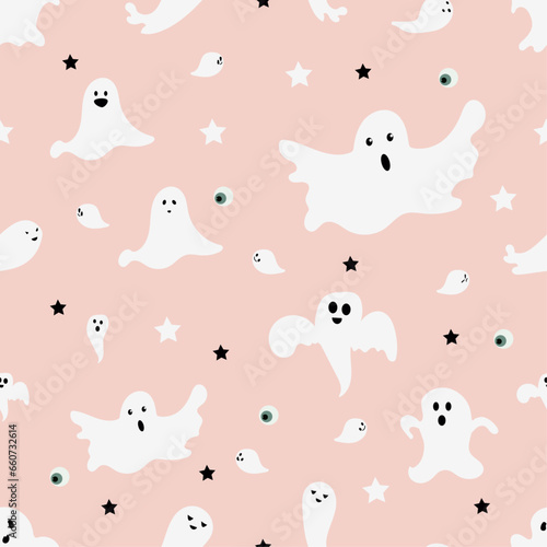 Seamless Halloween pattern with ghosts Spooky repeat wallpaper Funny halloween monsters on pink background Halloween party  Gift wrapping paper fabric design Vector illustration