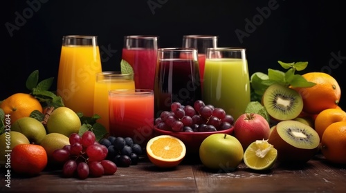 Various fruit juices and their ingredients on a stone table background
