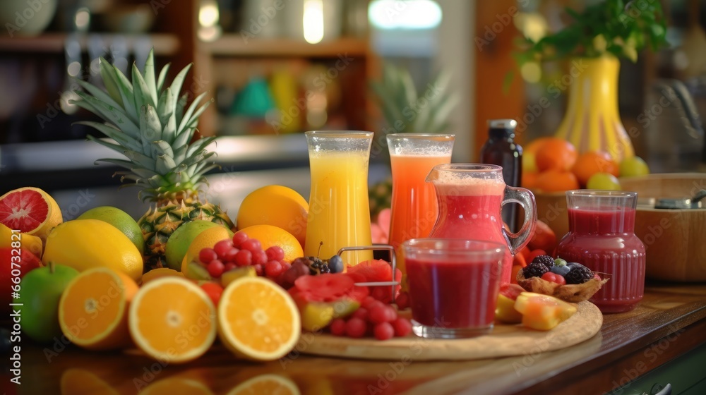 Various fruit juices and their ingredients with a kitchen table and kitchen utensils in the background Various fruit juices and their ingredients with a kitchen table and kitchen utensils in the background