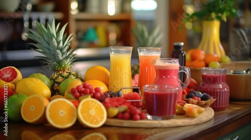 Various fruit juices and their ingredients with a kitchen table and kitchen utensils in the background