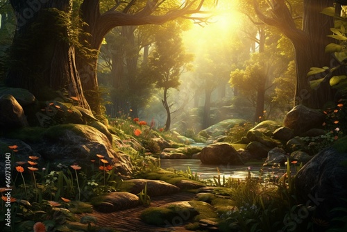 Mysterious woodland with sunbeams, lush vegetation and enchanting ambiance. Captivating 3D artwork. Generative AI