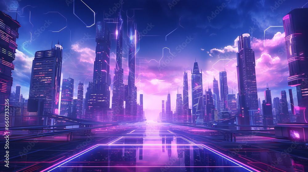 Cybernetic Metropolis: Synthwave 3D City with Neon Lights, Holograms, and Aerial View in Pink and Purple Hues