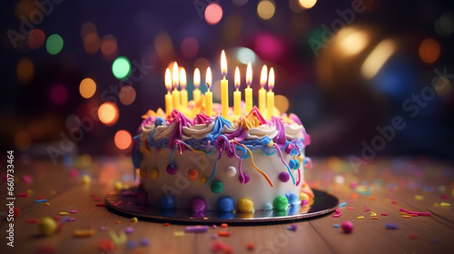 Birthday cake decorated with colorful cream and ten candles   bright lights bokeh background