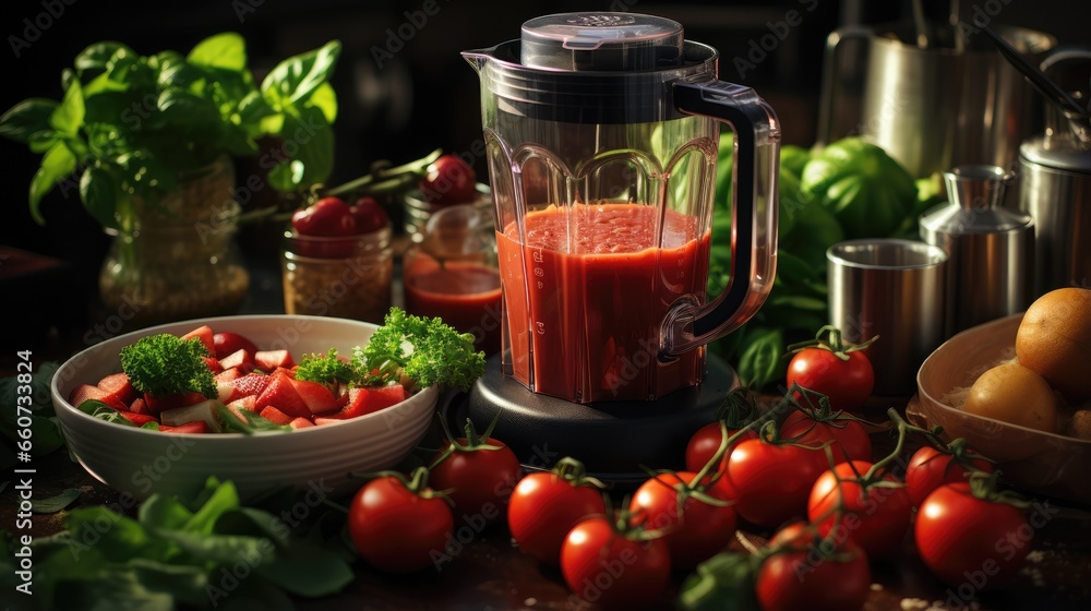 view of hand making juice making tomato juice with blender machine on kitchen table view of hand making juice making tomato juice with blender machine on kitchen table