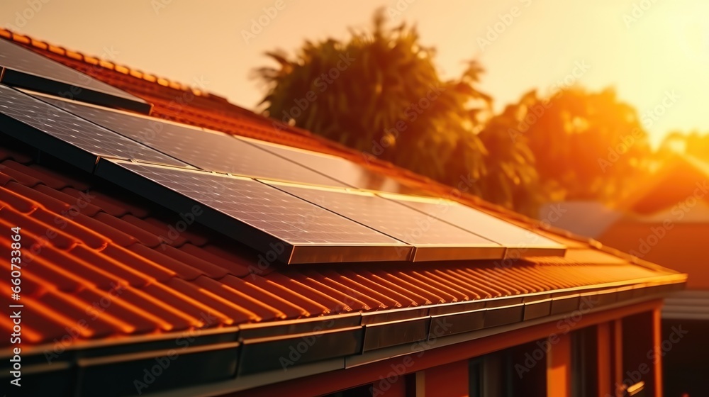 View of solar panels on house roof with sunlight View of solar panels on house roof with sunlight