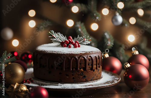 chocolate cake with christmas decorations