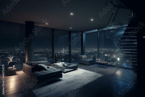 Stunning nocturnal urban panorama with luxurious contemporary space. Generative AI
