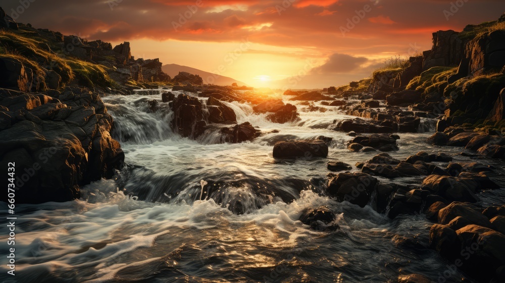 Obraz premium waterfall flowing with splashing drops, at sunset