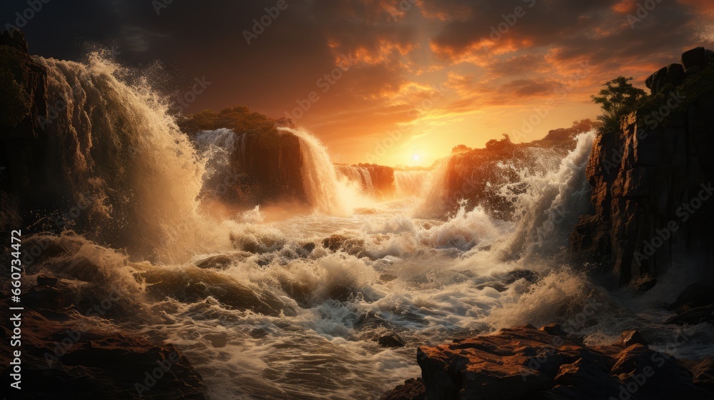 Fototapeta premium waterfall flowing with splashing drops, at sunset