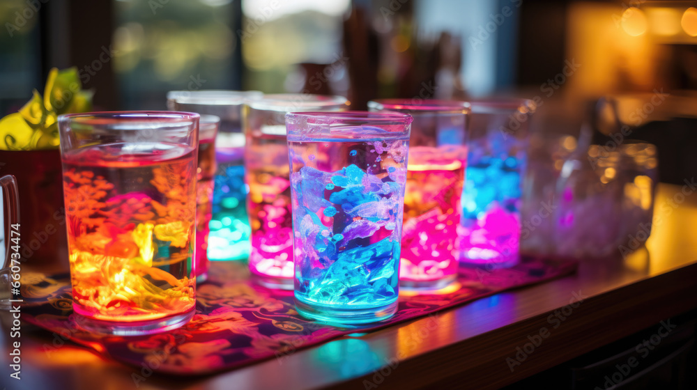 Neon, glowing cocktails are on the table Neon, glowing cocktails are on the table
