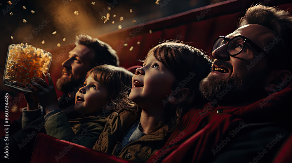 An astonished family sits in the cinema and watches the film An astonished family sits in the cinema and watches the film