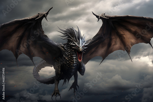 Fierce Fantasy Dragon flying in the stormy sky with clouds. Tall and proud with its wings spread wide. Full body. photo