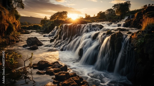 waterfall flowing with splashing drops, at sunset