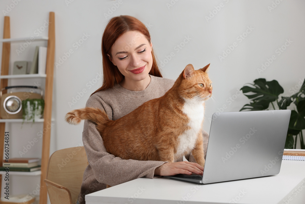 Fototapeta premium Woman with cat working at desk. Home office