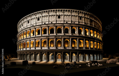 The Colosseum in Rome isolated on a black background, masonry construction.