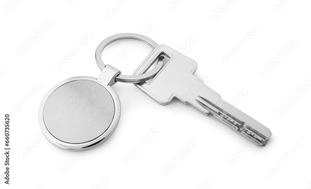 Key with metallic keychain isolated on white Key with metallic keychain isolated on white