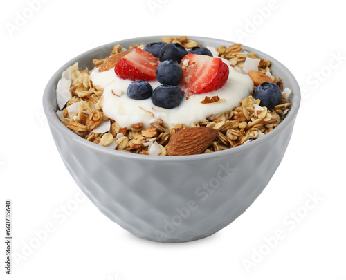 Tasty granola, yogurt and fresh berries in bowl on white background. Healthy breakfast