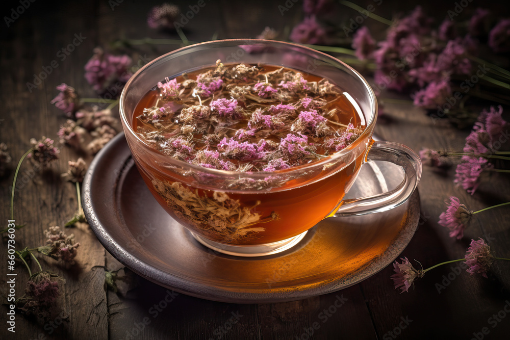 Φωτογραφία Herbal sleep remedy - still life top view of herbal Valerian tea with Valerian f