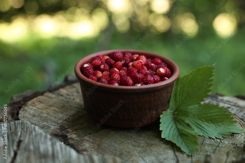 Bowl of tasty wild strawberries and green leaves on stump against blurred background Bowl of tasty wild strawberries and green leaves on stump against blurred background