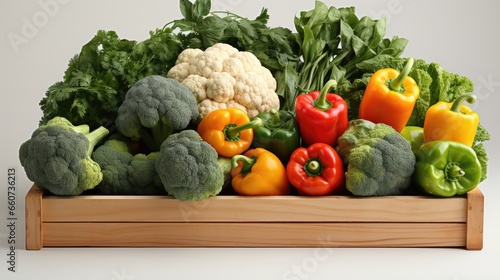 Wooden box full of fresh vegetables and fruits on white background © MBRAMO