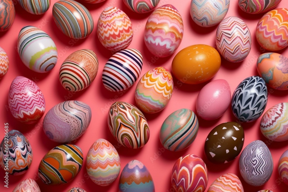 Vibrant Easter eggs with various patterns on a colorful background. Generative AI
