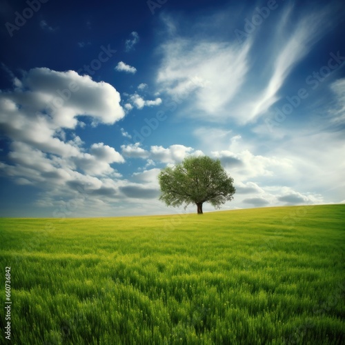 A Solitary Tree in a Green Meadow, Blue Sky with Clouds Behind