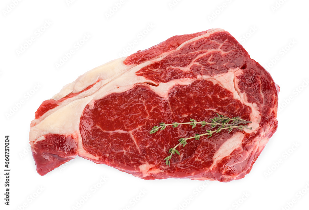Piece of fresh beef meat and thyme isolated on white, top view